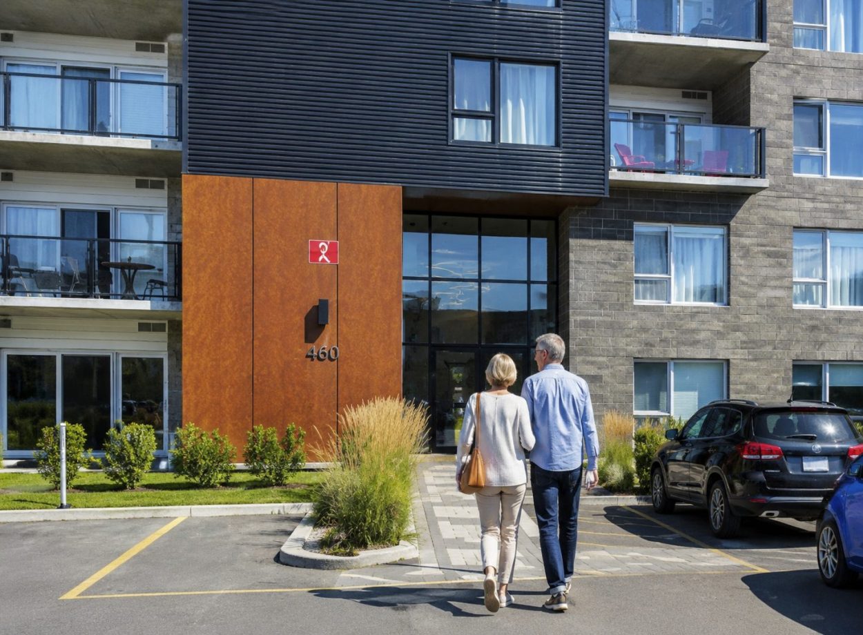 Résidents profitant de la qualité de vie devant les condos locatifs tout inclus du Quartier 7 à Mascouche.